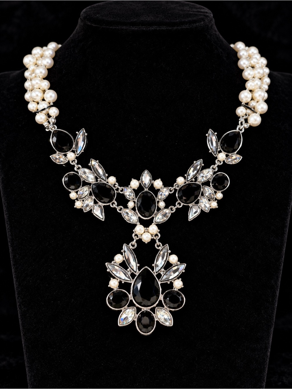 Charming Charlie Pearl & Black Crystal Statement Necklace with Matching Earrings